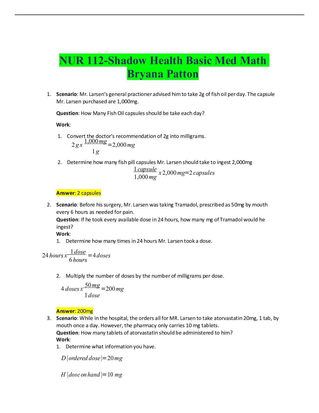 Preview image of NUR 112-Shadow Health Basic Med Math Bryana Patton document